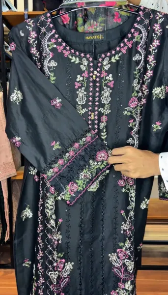 Pakistani Original Hayat’s Embroidered Stitched Cotton 3Pcs _ Black 